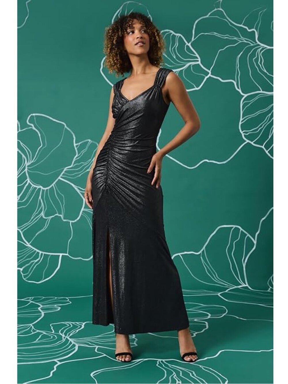 NWT New Maggy London Sleeveless Ruched Black Silver Gown Dress Size 10